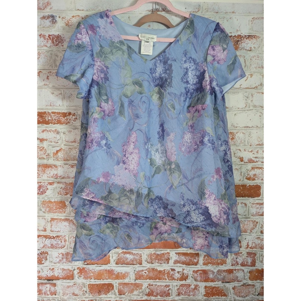 Lady Dorby Suit Skirt Set Womens 16W Blue Purple Lilac Floral Chiffon Vtg